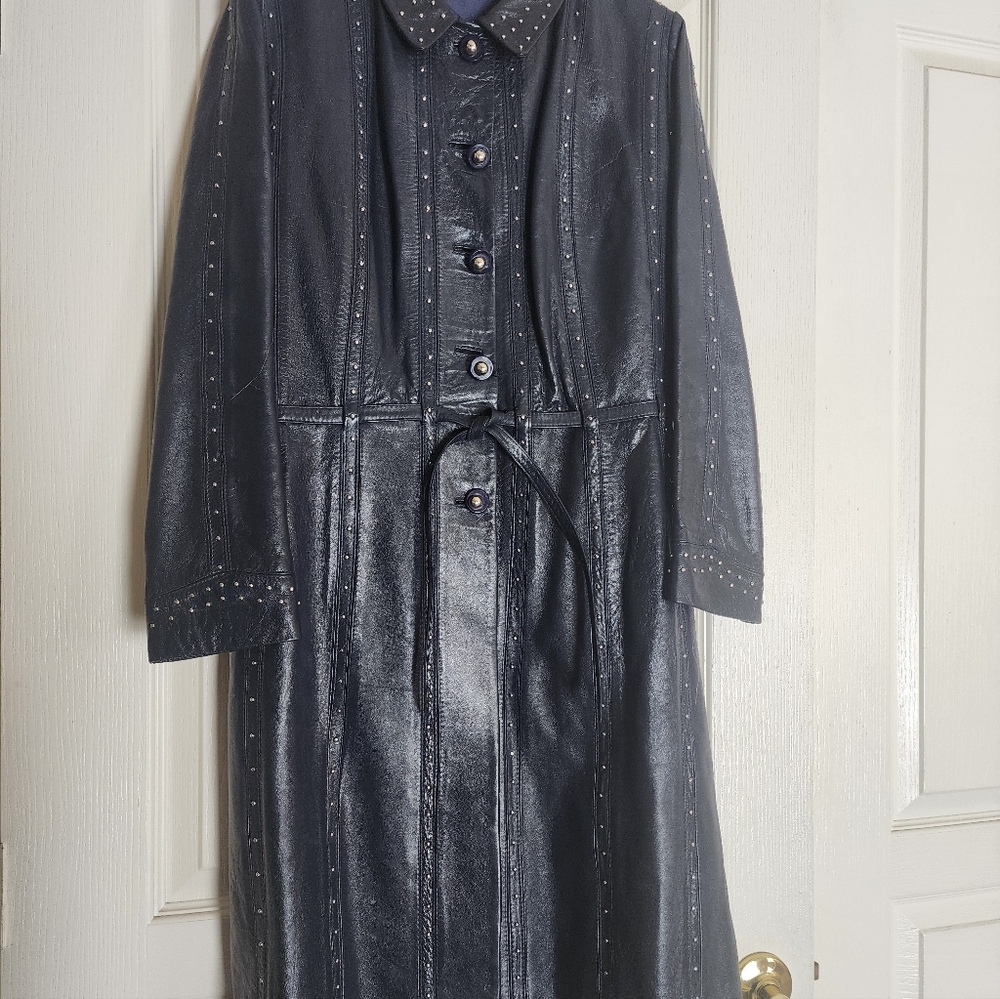 Chic Navy Blue, Gamolin Of Barcelona Vintage Leather Studded Women's Trench Coat - Picture 7 of 16